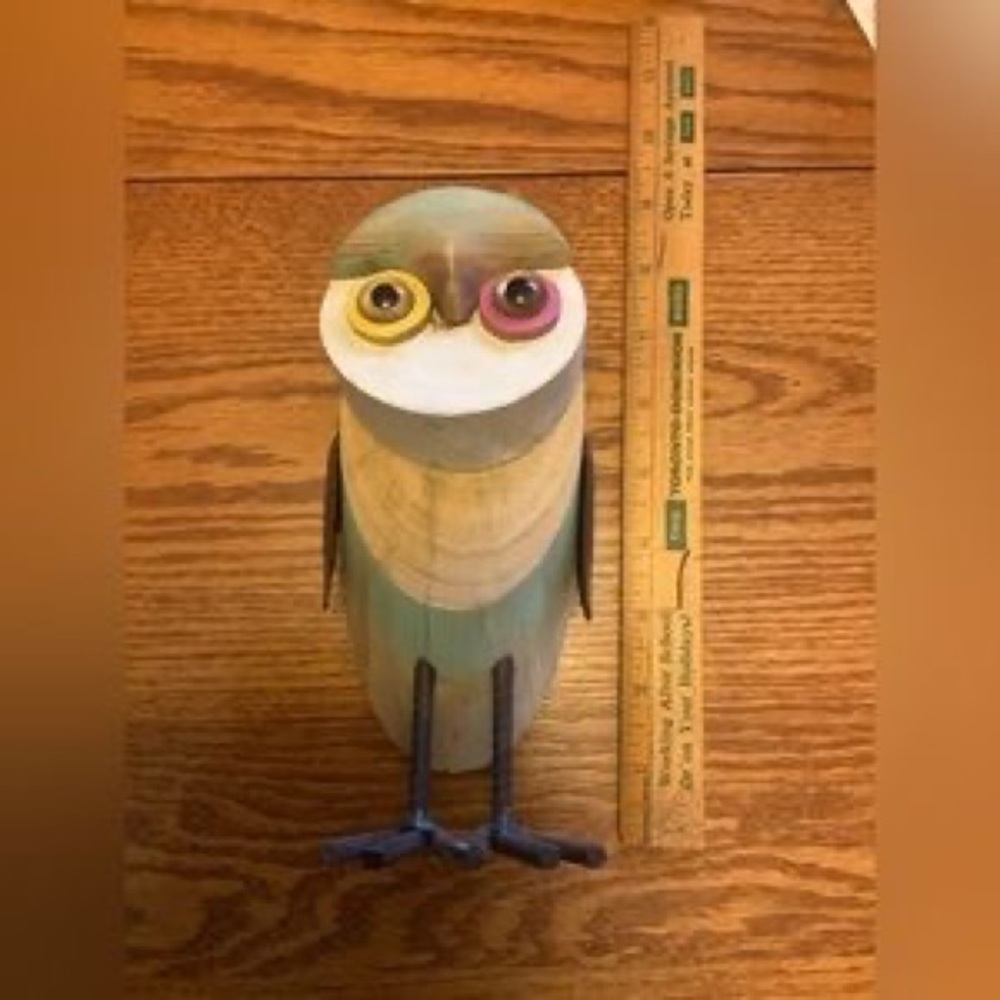 Handcrafted Wooden Owl Figurine - Blue & Cream Decorative Accent